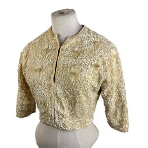 Vintage 80s Neusteters Sequin Jacket Cropped Ivory Beaded Bolero Small